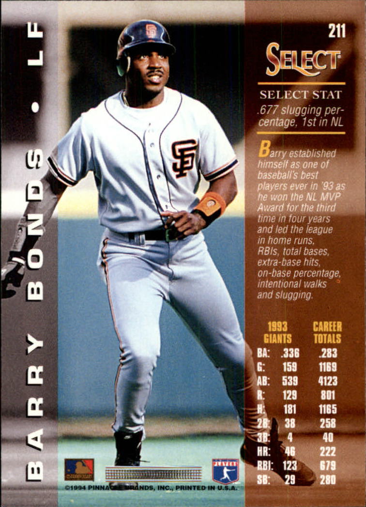 1994 Select #211 Barry Bonds back image