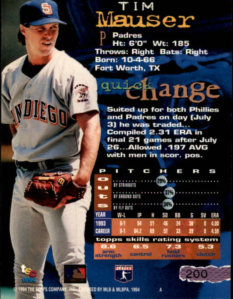 1994 Stadium Club Baseball Part 1 Main Set Card #1-250 - Picture 401 of 501