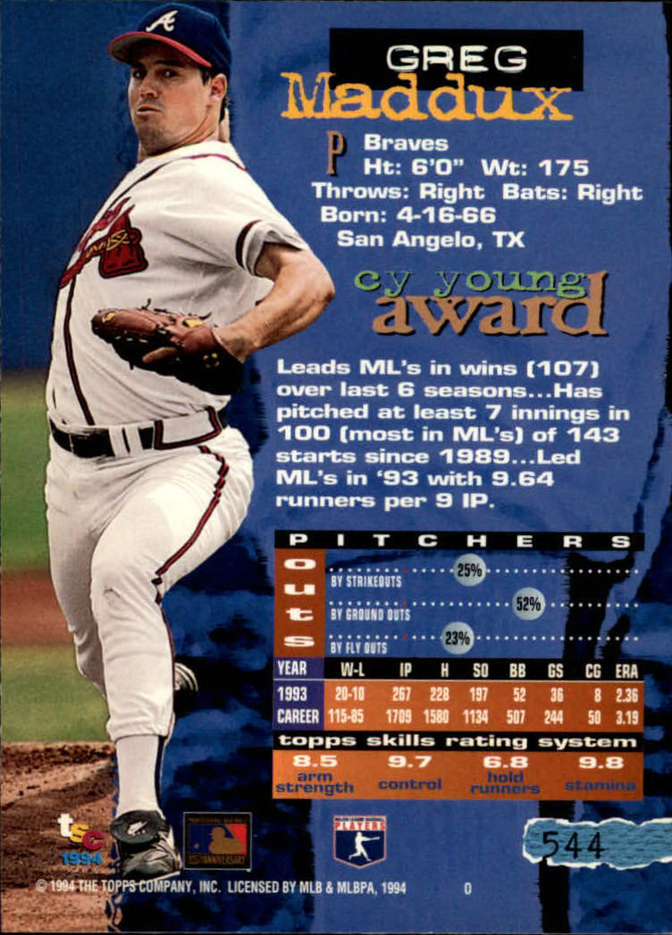 1994 Stadium Club #544 Greg Maddux back image