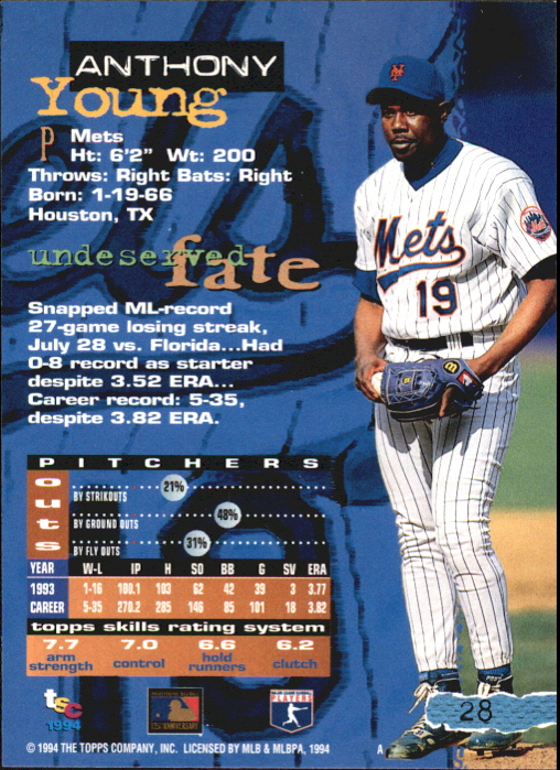 1994 Stadium Club First Day Issue #28 Anthony Young back image