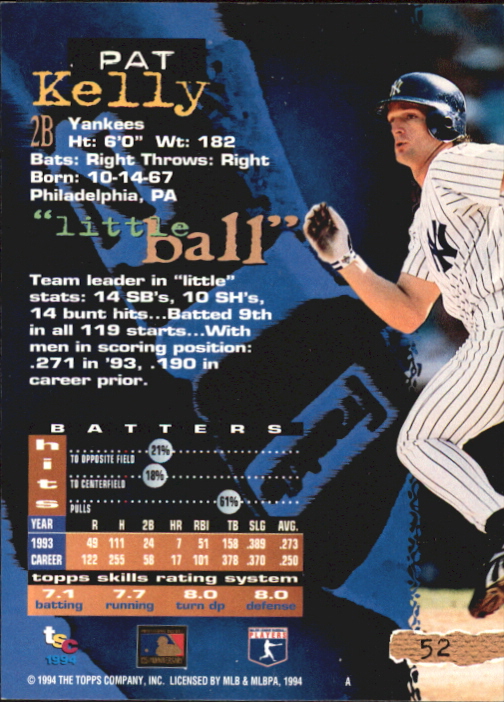 1994 Stadium Club First Day Issue #52 Pat Kelly back image