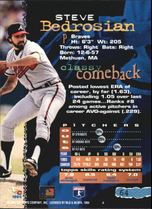 1994 Stadium Club First Day Issue #64 Steve Bedrosian back image