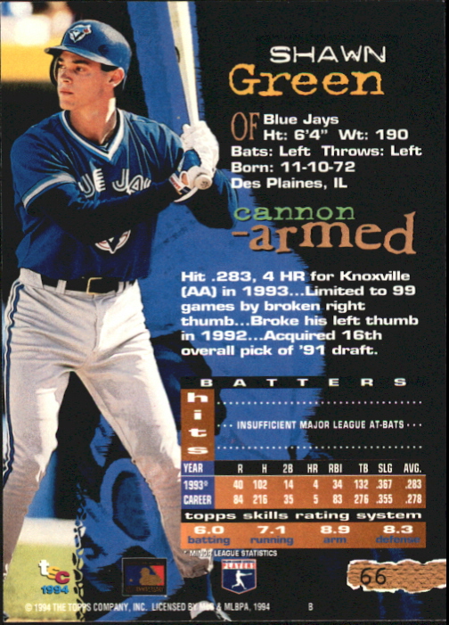 1994 Stadium Club First Day Issue #66 Shawn Green back image