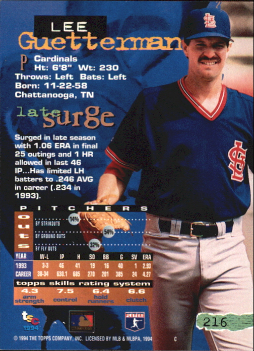 1994 Stadium Club First Day Issue #216 Lee Guetterman back image