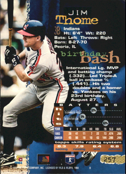 1994 Stadium Club First Day Issue #257 Jim Thome back image