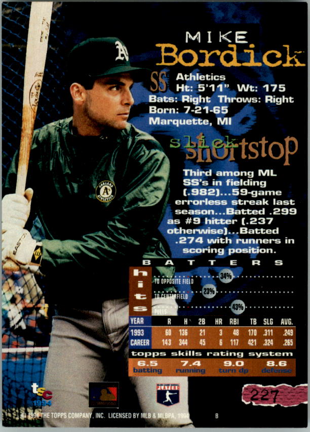 1994 Stadium Club Golden Rainbow #227 Mike Bordick back image