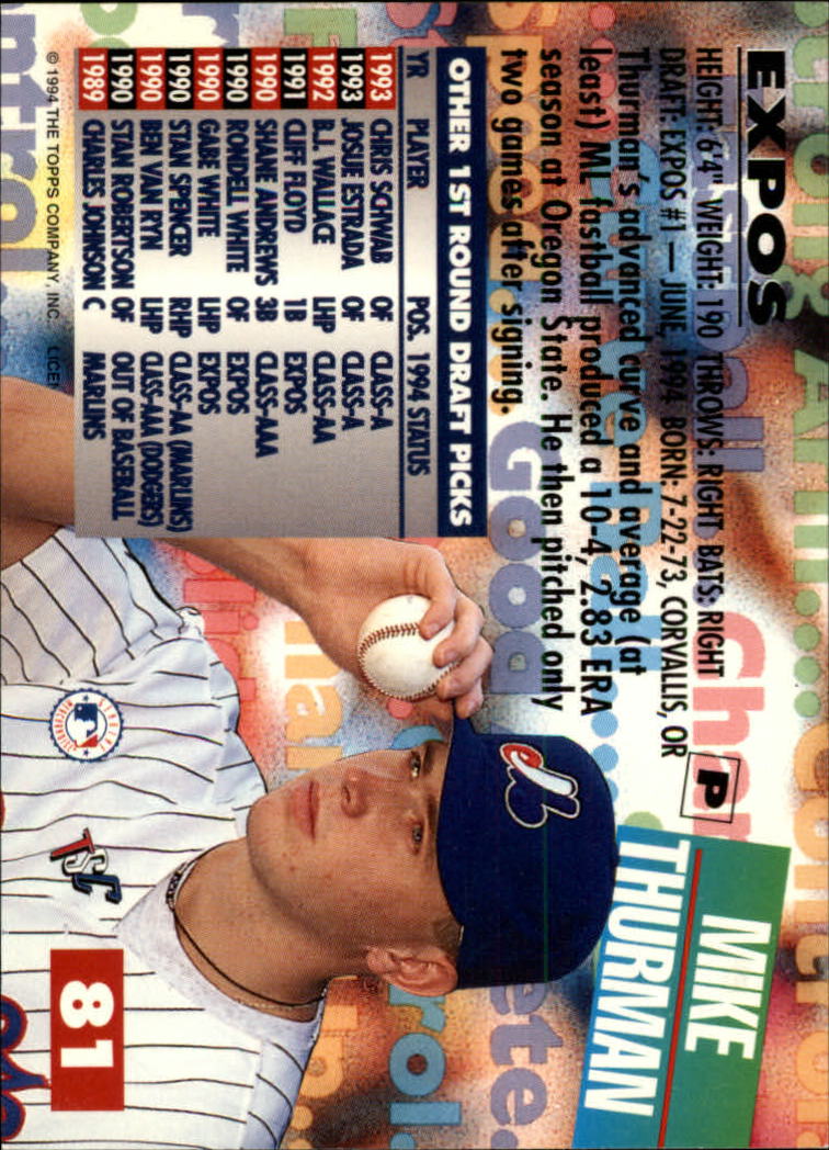 1994 Stadium Club Draft Picks #81 Mike Thurman XRC back image