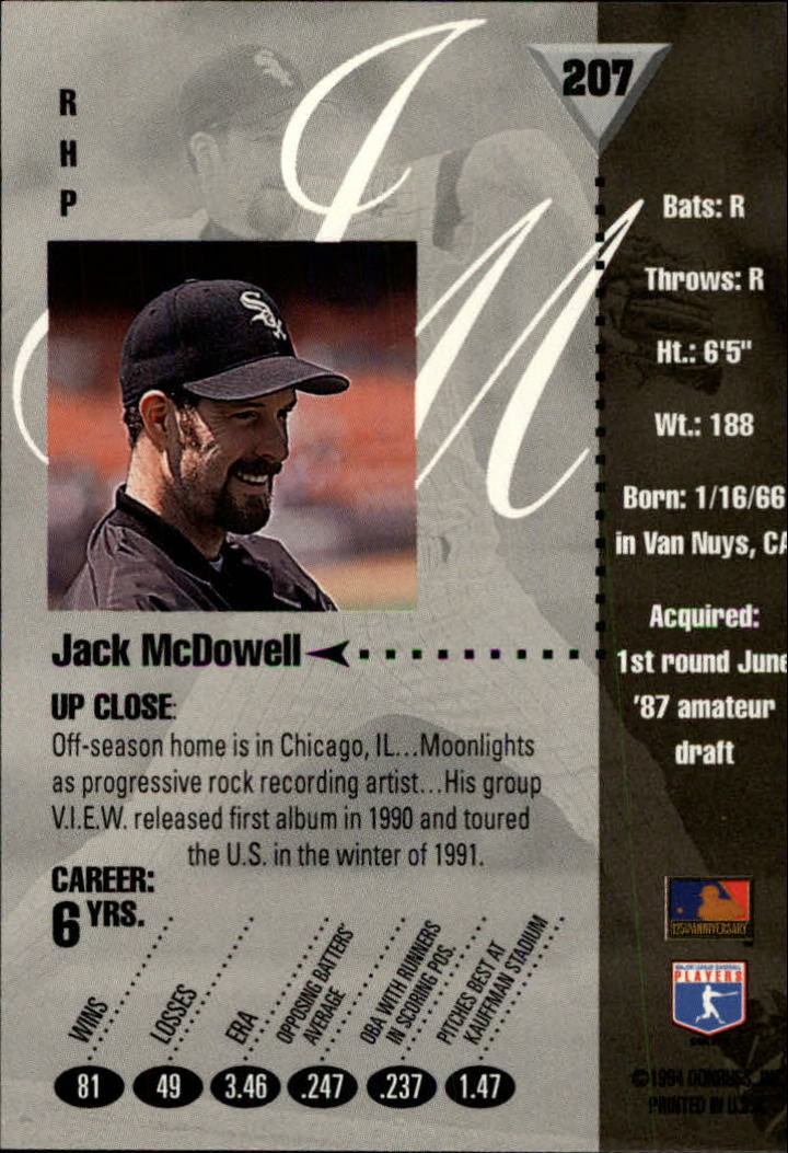 1994 Studio #207 Jack McDowell back image