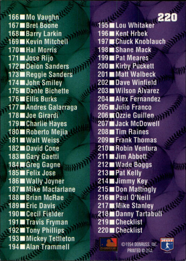 1994 Studio Baseball "Main Set" Cards #1 to #220 - Picture 441 of 441