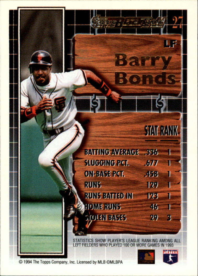 1994 Topps Black Gold #27 Barry Bonds back image