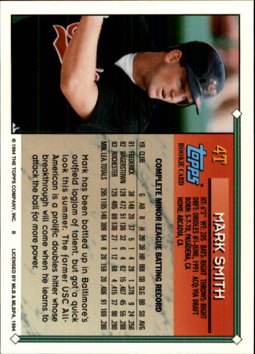 1994 Topps Traded #4T Mark Smith back image