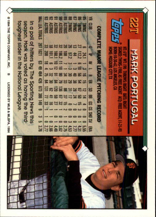 1994 Topps Traded #22T Mark Portugal back image