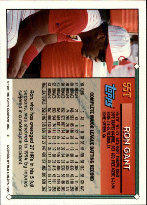 1994 Topps Traded #55T Ron Gant back image