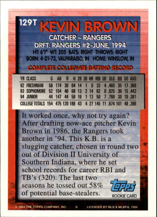 1994 Topps Traded #129T Kevin L.Brown RC back image