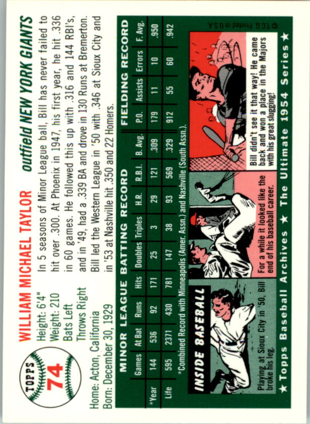 1994 Topps Archives '54 #74 Bill Taylor back image