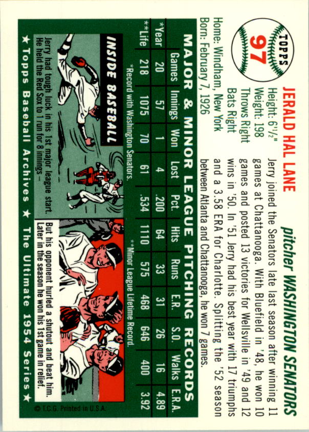 1994 Topps Archives '54 #97 Jerry Lane back image