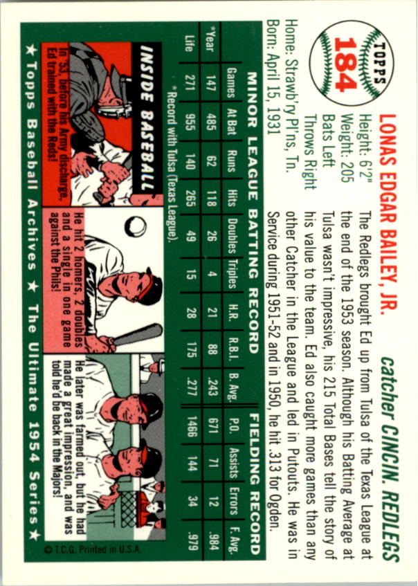1994 Topps Archives '54 #184 Ed Bailey back image