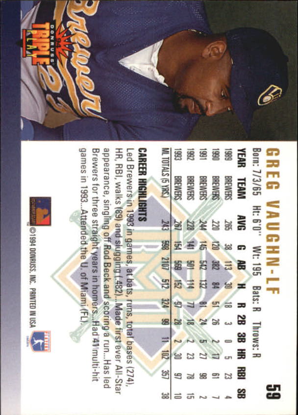 1994 Triple Play #59 Greg Vaughn back image