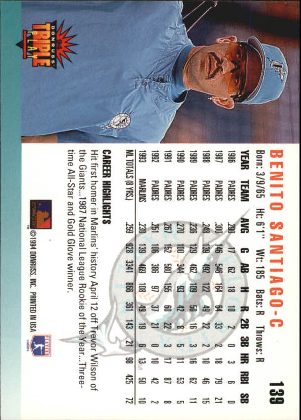 1994 Triple Play #139 Benito Santiago back image