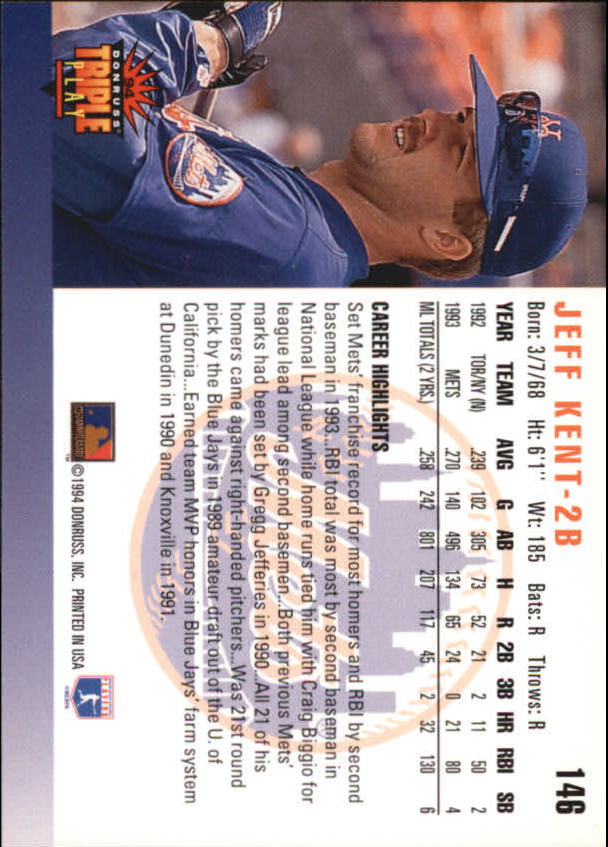 1994 Triple Play #146 Jeff Kent back image