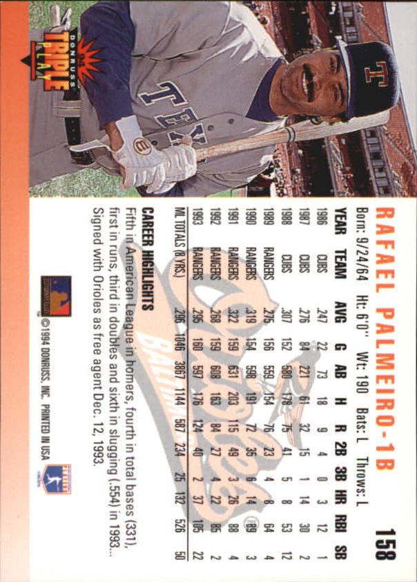 1994 Triple Play #158 Rafael Palmeiro back image