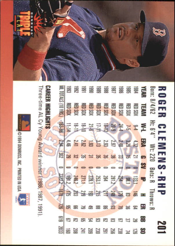 1994 Triple Play #201 Roger Clemens back image