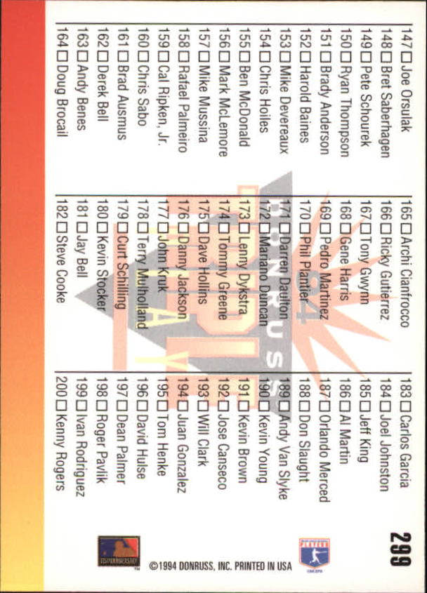 1994 Triple Play #299 Barry Bonds/Checklist back image