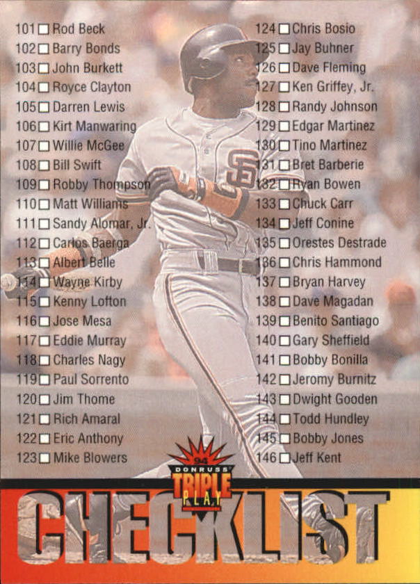 1994 Triple Play #299 Barry Bonds/Checklist