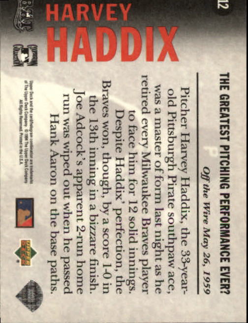 1994 Upper Deck All-Time Heroes #12 Harvey Haddix OW back image