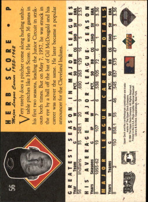 1994 Upper Deck All-Time Heroes #56 Herb Score back image