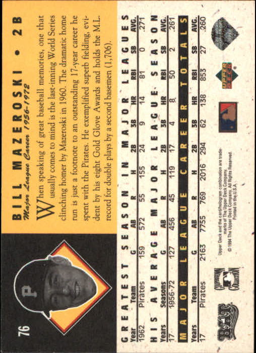 1994 Upper Deck All-Time Heroes #76 Bill Mazeroski back image