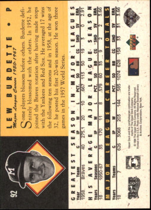 1994 Upper Deck All-Time Heroes #92 Lew Burdette back image