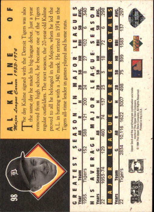 1994 Upper Deck All-Time Heroes #98 Al Kaline back image