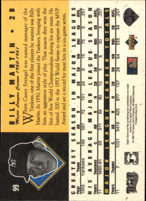 1994 Upper Deck All-Time Heroes #99 Billy Martin back image