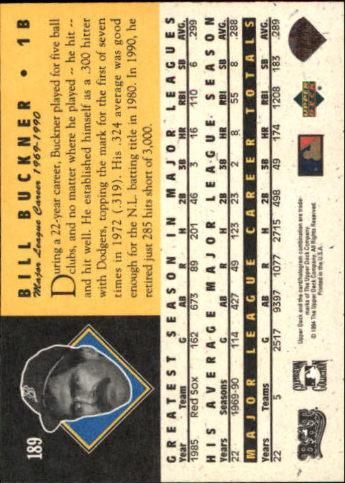 1994 Upper Deck All-Time Heroes #189 Bill Buckner back image