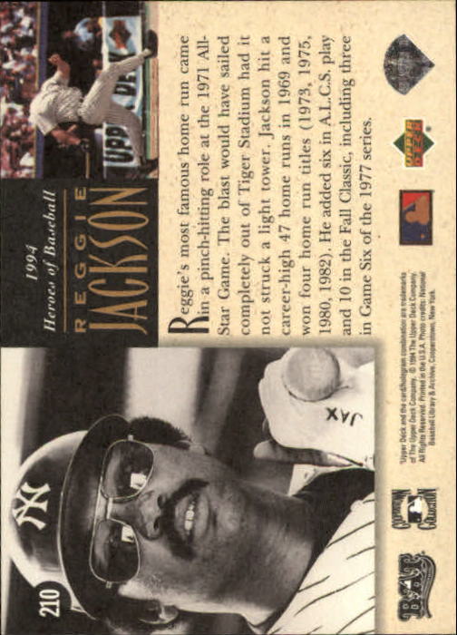 1994 Upper Deck All-Time Heroes #210 Reggie Jackson HB back image