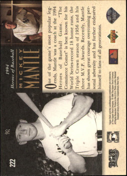 1994 Upper Deck All-Time Heroes #222 Mickey Mantle HB back image