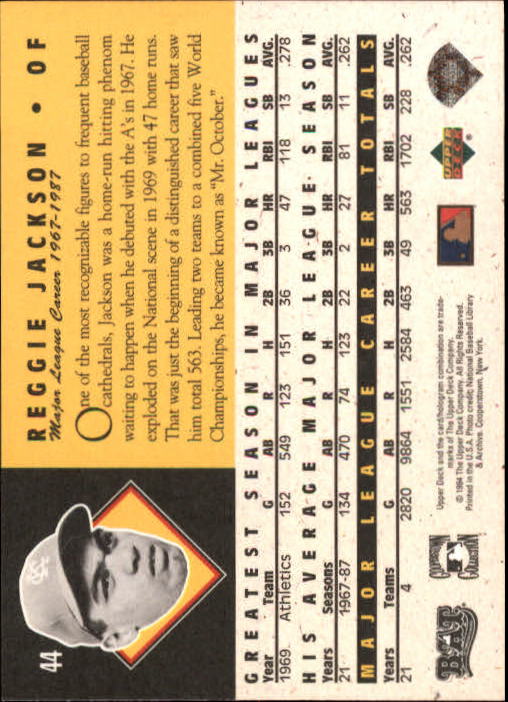 1994 Upper Deck All-Time Heroes 125th Anniversary #44 Reggie Jackson back image