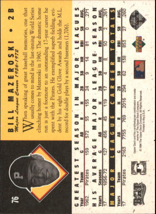 1994 Upper Deck All-Time Heroes 125th Anniversary #76 Bill Mazeroski back image