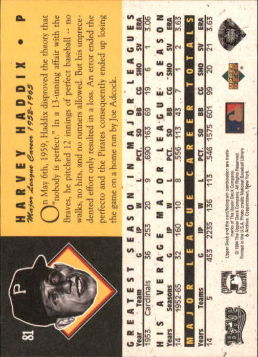 1994 Upper Deck All-Time Heroes 125th Anniversary #81 Harvey Haddix back image