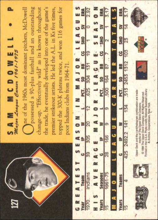 1994 Upper Deck All-Time Heroes 125th Anniversary #127 Sam McDowell back image