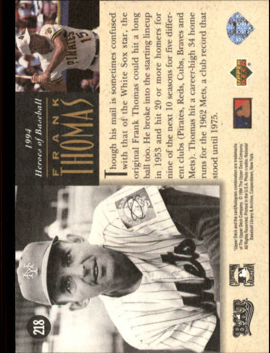 1994 Upper Deck All-Time Heroes 125th Anniversary #218 Frank Thomas back image