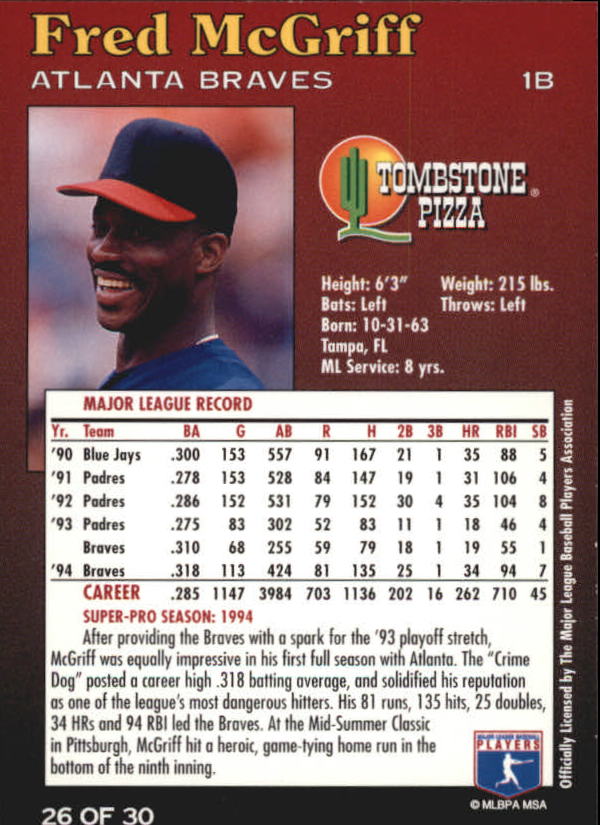 1995 Tombstone Pizza #26 Fred McGriff back image