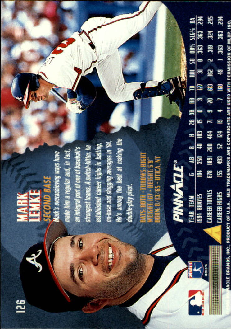 1995 Pinnacle #126 Mark Lemke - NM-MT