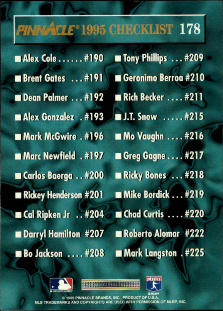 1995 Pinnacle Baseball "Main Set" Base Cards #1 to #225 - Picture 357 of 451