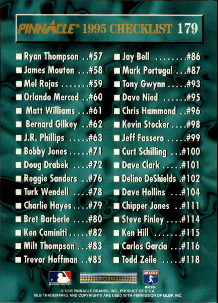 1995 Pinnacle Baseball "Main Set" Base Cards #1 to #225 - Picture 359 of 451