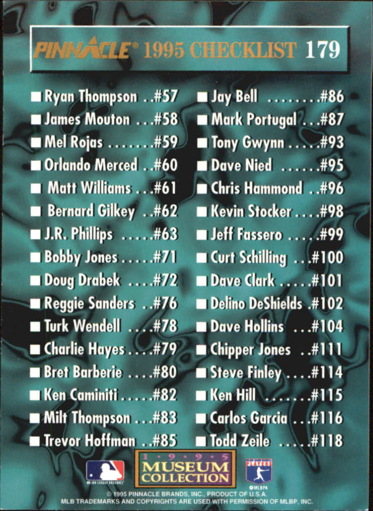 A1828- 1995 Pinnacle Museum Baseball Cards 1-250 -You Pick- 15+ FREE US SHIP - Picture 314 of 443