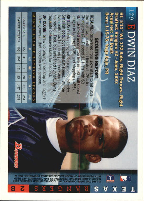 1995 Bowman #129 Edwin Diaz RC back image