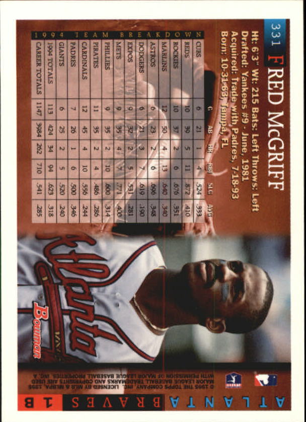 1995 Bowman #331 Fred McGriff back image