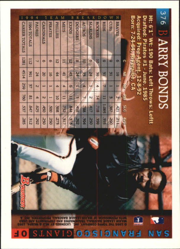 1995 Bowman #376 Barry Bonds back image